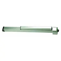 This rim-type exit device features a touchbar style and is constructed from aluminum. It is designed for doors up to 3 ft wide and is ADA compliant. Suitable for use on single doors requiring push-pad operation in commercial and institutional settings