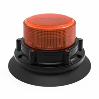 Round amber LED flashing beacon with 20 selectable flash patterns. Operates on 10-30V DC and meets SAE Class 1 requirements. Includes suction mount and blunt cut wires for electrical connection. Overall height 3 3/8 in