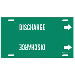 Green pipe marker with white legend reading 'Discharge' and directional arrows. Fits pipe outer diameters of 8 to 9-7/8 inches. Suitable for identifying discharge piping in industrial facilities to indicate flow direction and support safety compliance.