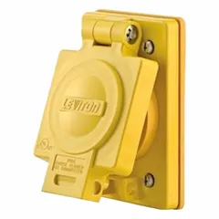 This LEVITON watertight locking receptacle is rated for 120/208V AC and 20 A, with 4 poles and 4 wires. The yellow housing provides weather-resistant protection for industrial and commercial environments requiring secure, non-NEMA connections in power distribution or temporary power setups.