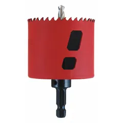 Bi-metal hole saw with attached arbor, 2 5/16 in diameter, 5/6 teeth per inch, and 1 7/8 in maximum cutting depth. Suitable for cutting wood, metal, and plastic in general industrial applications such as electrical and plumbing installations.