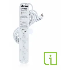 This healthcare power strip from LEVITON provides 6 outlets with a 15 ft cord, rated for 20 A and 644 J surge protection. It features a white finish and a 5-20P plug, with screw mounting for secure installation. Suitable for power distribution in medical environments.