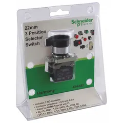 22 mm panel-mount selector switch from the XB4 series. Features a long-handled knob with plastic operator head and metallic bezel. Maintained/maintained action with Off/On functions. AC contact rating 6 A at 120 V, DC contact rating 0.1 A at 600 V. Non-illuminated, no cam included. Suitable for industrial control panel applications such as machine mode selection.