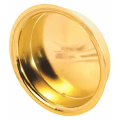 This round recessed handle and pull is made of steel with a gold polished brass finish. It features snap-in mounting for flush installation in cabinets, drawers, or panels. Supplied as a single piece.