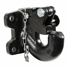 This pintle hook is constructed from steel with a powder-coated finish for corrosion resistance. It has a gross trailer weight capacity of 60,000 lb. Used for heavy-duty towing applications such as connecting trailers to trucks or industrial vehicles.