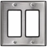 This LEVITON wall plate is a 2-gang Decorator-Rocker configuration made of stainless steel with a silver finish. It is cleanroom-rated and gasketed to seal electrical outlets in controlled environments, helping to maintain hygiene and contamination control