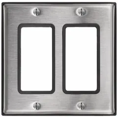 This LEVITON wall plate is a 2-gang Decorator-Rocker configuration made of stainless steel with a silver finish. It is cleanroom-rated and gasketed to seal electrical outlets in controlled environments, helping to maintain hygiene and contamination control.
