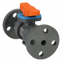 Manual two-way ball valve with 1/2 in PVC construction, straight pattern, Class 150 flange ends, and three-piece design. Equipped with a locking tee handle for secure operation. Suitable for on/off flow control in industrial piping systems handling water, chemicals, or corrosive fluids