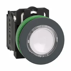 Momentary illuminated push button from the XB5 series with a flush profile and non-metallic construction. Features a 30 mm mounting diameter and 1NO/1NC contact configuration. Suitable for industrial control panels and machinery where corrosion resistance and visual status indication are required.