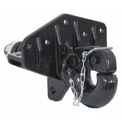 Steel pintle hook with a powder-coated finish. Rated for 50,000 lb gross trailer weight capacity and 6,000 lb gross towing weight capacity. Used for connecting trailers to towing vehicles in heavy-duty applications.