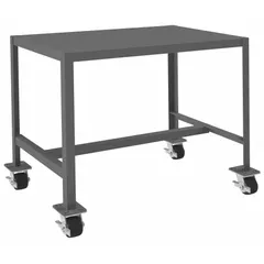 Fully assembled steel-top mobile worktable with a welded frame and powder-coated finish. Features four swivel-locking casters with phenolic wheels for mobility and stability. Fixed-height design with a 36 x 24 inch work surface and 2,000 lb overall load capacity. Suitable for industrial workshops, assembly lines, and maintenance areas requiring a heavy-duty work surface.