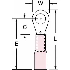 Heat shrink insulated ring terminal for #10 stud size, accepting 22 AWG to 18 AWG wire. Rated 1000 V. The heat shrink provides environmental sealing and strain relief for secure connections in control panels, machinery, and power distribution.