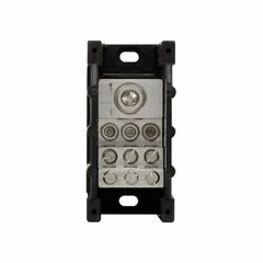 Open block with lugs for surface mounting. Accepts line side wire sizes from 6 AWG to 350 kcmil. Aluminum construction with lug-to-lug connections. Used to distribute power from a single incoming cable to multiple branch circuits in electrical distribution systems.