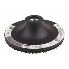 This backing pad supports hook-and-loop surface-conditioning discs for blending, finishing, and light deburring on metal, wood, and composites. It features a 4-inch diameter, 1/8-inch thickness, and a 5/8"-11 internal-thread tool connection for use with angle grinders. Non-vacuum type.