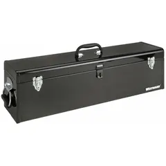 This steel tool box measures 30 inches wide, 7 inches deep, and 9 inches high, with a single compartment. It features a black finish and includes a padlock for secure storage. Suitable for organizing hand tools, parts, and small equipment in workshops, garages, and job sites.