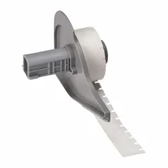 This precut label roll measures 1/4 in x 1/4 in and is made of polyester with a white gloss finish. It is rated for temperatures from -94°F to 230°F and is compatible with the BMP71 printer series. Typical applications include asset identification, cable marking, and component labeling in industrial environments.