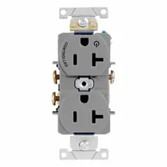 General-purpose duplex receptacle rated 125V AC, 20 A with NEMA 5-20 configuration. 2-pole/3-wire design in gray. Suitable for powering equipment in commercial and industrial settings.