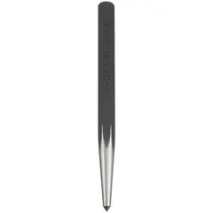 This prick punch features a hexagon plain grip body with a 3/8 in diameter. It has a 1 3/4 in taper length and an overall length of 5 1/4 in. Used for marking or starting holes in metal and other materials, creating a precise dimple to guide drill bits.
