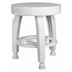 This plastic shower stool provides a stable seat for bathing, suitable for home bathrooms, hospitals, and assisted-living facilities. It features a maximum seat width of 16 inches and supports up to 400 lb. Designed for wet environments, it includes corrosion-resistant materials and non-slip feet.