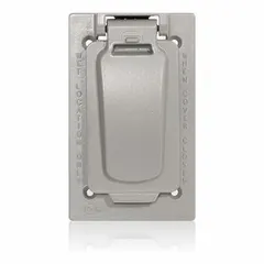 Single-gang weatherproof cover for horizontal mounting on die-cast metallic enclosures. Compatible with Decora, FS, and GFCI devices. Constructed of aluminum and zinc with a gray finish. Overall height 4 11/16 in. Type 3R rated for outdoor use.