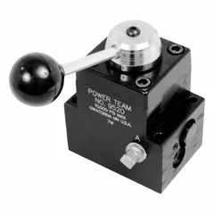 Manual directional control valve with three positions and 3/8" NPT ports. Designed for hydraulic systems requiring flow direction and load-holding capability. Suitable for controlling hydraulic cylinders or motors in industrial pressure control applications.