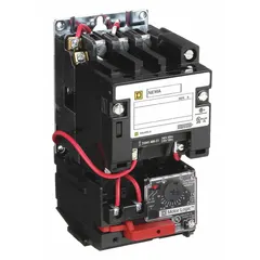 Non-reversing magnetic motor starter for three-phase motors. NEMA Size 0, 18 A, 3 poles, 220/240V AC coil. Electronic overload relay eliminates need for thermal units. Screw clamp terminals. Suitable for starting and stopping motors in applications such as conveyors, pumps, and compressors.