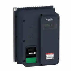 The SCHNEIDER Altivar ATV320 is a compact variable frequency drive with three-phase input and output, rated at 11/20 hp. It features an IP65 enclosure for protection against dust and water ingress, making it suitable for demanding industrial environments. This drive is used to control the speed and torque of three-phase induction motors in applications such as conveyors, pumps, and fans. The unit has a black/green finish and includes no bypass.