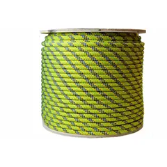 Static kernmantle rope with 7/16 in diameter and 680 lb working load limit. Constructed from nylon in blue with yellow tracer. Suitable for rigging, climbing, work positioning, and rescue operations where low stretch is required.