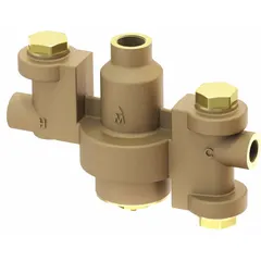 Thermostatic mixing valve constructed of brass with EPDM seals and NPT connections. Includes integral check valves. Used in emergency fixture applications to blend hot and cold water to a safe tempered temperature for safety showers and eyewash stations.