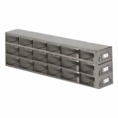 This stainless steel freezer drawer rack includes slide-out drawers for organized storage in cold environments. Overall width is 5 1/2 inches. Suitable for use in laboratory or commercial cold storage applications.