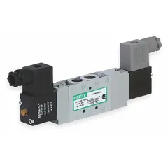 This four-way, three-position directional control valve features a locking manual override and solenoid return. It operates on 24V DC with an open center position, designed for directing compressed air to actuators or cylinders in industrial pneumatic systems.