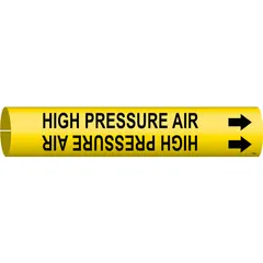 Yellow snap-on pipe marker with black legend reading 'High Pressure Air' and directional arrows. Fits pipe outer diameters from 1-1/2 to 2-3/8 inches. Used to identify high-pressure air lines in industrial piping systems, aiding in compliance with pipe-labeling standards and reducing misconnection risks during maintenance.