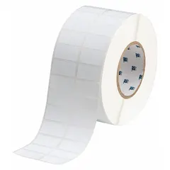Precut label roll with destructible tamper-indicating material that leaves visible evidence if removal is attempted. White matte finish, 3/4 in x 1 1/2 in size, compatible with IP Series printers. Used for security asset identification and warranty seals.
