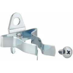 Zinc-plated steel spring clips for round-hole pegboard with 1 in hole spacing. Fit 1/4 in and 1/8 in peg holes. Screw-in locking system for surface mounting. Includes screws. Suitable for organizing and storing various tools in workshops or garages.