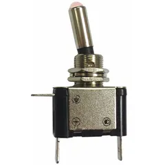 SPST toggle switch with On/Off function, silver actuator, black stem, and three 1/4 in male terminals. Features a green LED indicator and panel-mount installation. Suitable for controlling auxiliary circuits in automotive electrical systems.