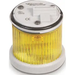 Multimode light module for tower light stacks, providing yellow visual indication with selectable flashing or steady operation. Operates at 120V AC and has a 48 mm overall diameter. Suitable for status signaling on industrial machinery, conveyors, and process lines.