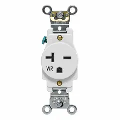 Single general purpose receptacle rated 20A at 250V AC. NEMA 6-20 configuration, 2 pole/3 wire, white. Suitable for connecting equipment requiring a 250V, 20A power source in commercial or industrial environments.