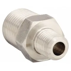 This steel hydraulic hose adapter features male NPTF threads on both ends, enabling direct connection of components with matching threads. The rigid straight design supports leak-resistant sealing in high-pressure fluid systems such as hydraulic power units and lubrication circuits.