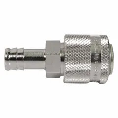 This brass quick-connect air coupling body features a 1/2 in male hose barb fitting and ball locking type. It is designed for use in compressed air systems to connect pneumatic tools and hoses. The industrial interchange series ensures compatibility with standard pneumatic couplings.