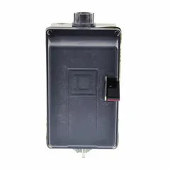 This enclosed non-reversing manual motor starter from SQUARE D is rated for 18 A and 600V AC, with 2 poles and NEMA Size M-0. It provides thermal overload protection for single-speed motors in applications such as pumps, fans, and conveyors. One thermal unit (not included) is required for operation.