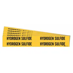Yellow adhesive pipe marker with black legend text reading 'Hydrogen Sulfide'. Fits pipe outer diameters from 3/4 to 2-3/8 inches. Pack includes 5 sets of 4 markers without arrows. Used to identify hydrogen sulfide lines in industrial piping systems.