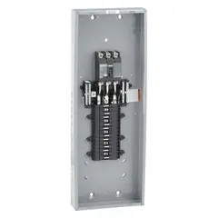 This 125 A, 3-phase, 30-space indoor load center is rated 208Y/120/240V AC with a 25kA short-circuit current rating. It features a main circuit breaker design with convertible main-lug capability and plug-on neutral. The enclosure cover is ordered separately. Typical applications include power distribution in commercial or industrial electrical panels.