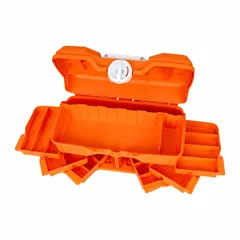 This empty first aid kit features a lockable orange plastic housing for portable use. It measures 15 1/2 inches wide, 9 1/4 inches deep, and 8 5/8 inches high. Suitable for custom filling with first aid supplies in industrial or workplace settings.