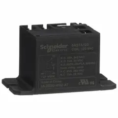 Surface-mounted relay from the 9A Power Series with a square base and panel flange mounting. Features SPDT contacts rated 30 A at 120V AC, with Faston terminal connections. Suitable for switching high-current industrial loads such as motors, compressors, and lighting systems in control circuits.