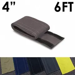 This fabric hook-and-loop cable floor cover is 4 inches wide and 6 feet long, made of gray nylon. It is used to organize and protect cables running across floors, reducing trip hazards in industrial, office, or event spaces.