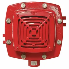 Wall-mount fire alarm horn producing a horn sound at 90 dB alarm volume measured at 10 ft maximum. Operates on 120V AC. Red housing. Suitable for use in fire alarm systems to provide audible alerts in commercial and industrial settings.