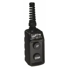 Thermoplastic pendant control station with two momentary push buttons configured for Up/Down operation. Features a dead-end hub style and NEMA 1/3/3R/4/4X enclosure. AC/DC contact rating 5 A at 600 V. Suitable for remote control of cranes, hoists, and conveyors.