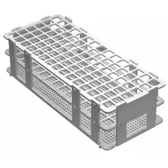 Benchtop test tube rack made of white polypropylene, offering chemical resistance for laboratory use. Holds up to 90 test tubes. Overall dimensions: 4 1/8 in width, 2 1/2 in height, 9 3/4 in length. Suitable for sample organization, storage, and processing in research, clinical, or educational settings.