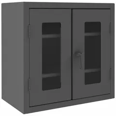 This industrial clearview shelf cabinet from DURHAM MFG features a gray frame base and a gray finish. It includes two adjustable shelves and a swing door for secure, visible storage. The cabinet is supplied fully assembled. Typical applications include organizing tools, parts, and supplies in workshops, warehouses, and manufacturing facilities.