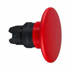 Red mushroom-head push-button operator from the XB5 series. Non-metallic construction with a 22 mm mounting size. Momentary action suitable for emergency stop or control functions in industrial machinery and control panels.